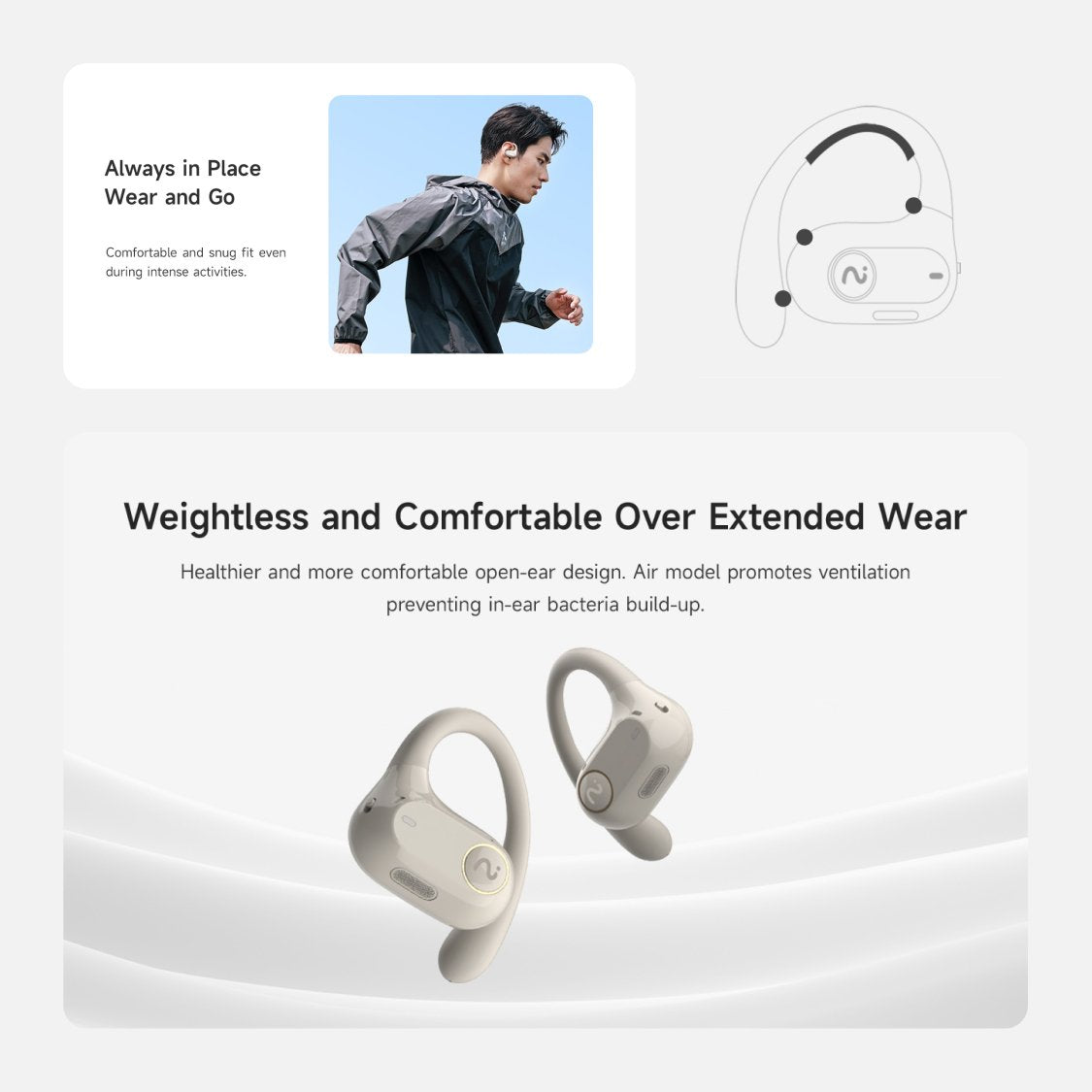 Comfortable Open Ear Design with VIAIM Air AI Sport and Wireless Earbuds
