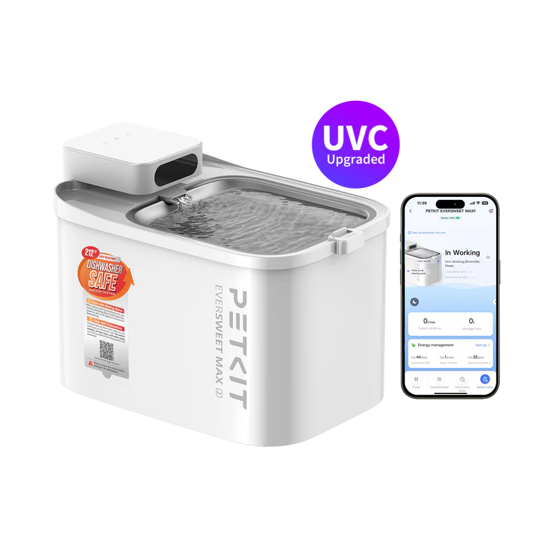 PETKIT Eversweet Max 2 Cordless Pet Water Fountain for Cats & Small Dogs, UVC Wireless, App Monitoring, Stainless Steel Tray, Up to 83-Day Battery, 3L (White)
