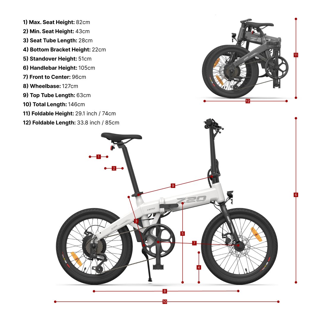 HIMO Z20 Compact Folding E-Bike Size Chart