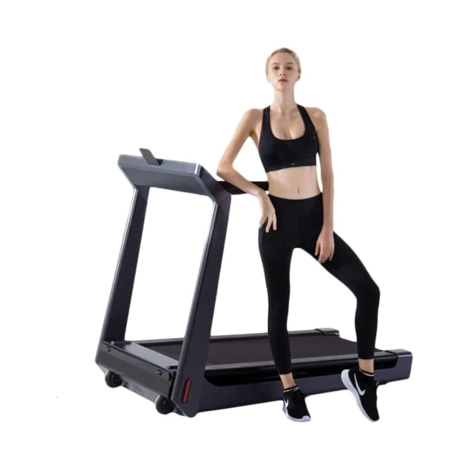 King Smith WalkingPad K15 Foldable Treadmill Side View with Woman Standing