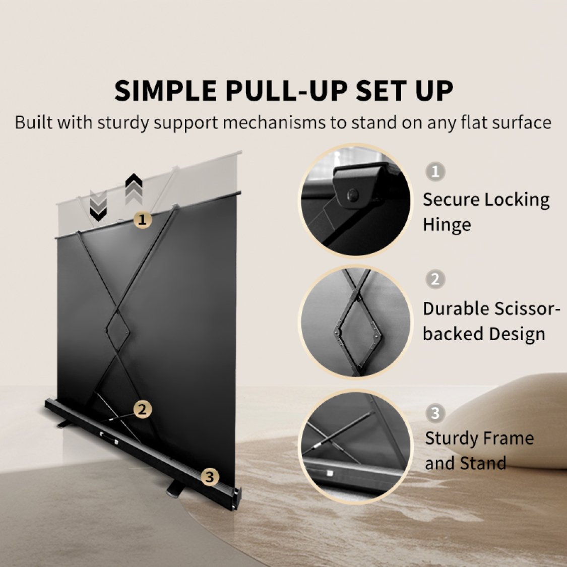 the MUBU Alpha Pull Up Portable Projector Screen Key Feature: Simple Pull Up and Setup