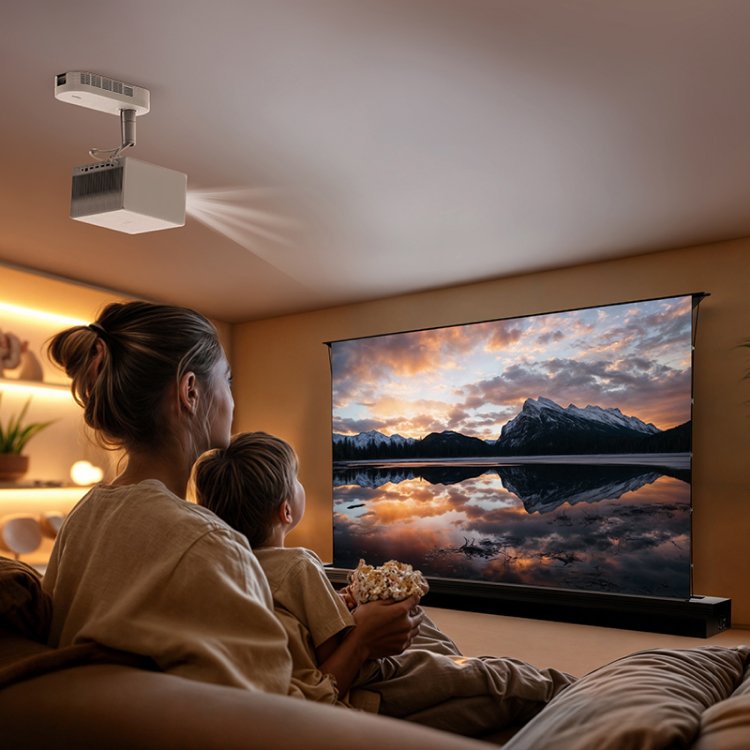 the MUBU Rollable motorized projector screen and XGIMI Horizon Ultra Projector on the ceiling Lifestyle Home Theatre