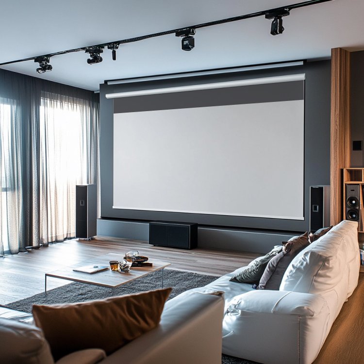 the MUBU Tab-tensioned Electric Pull Down Projector Screen in living room