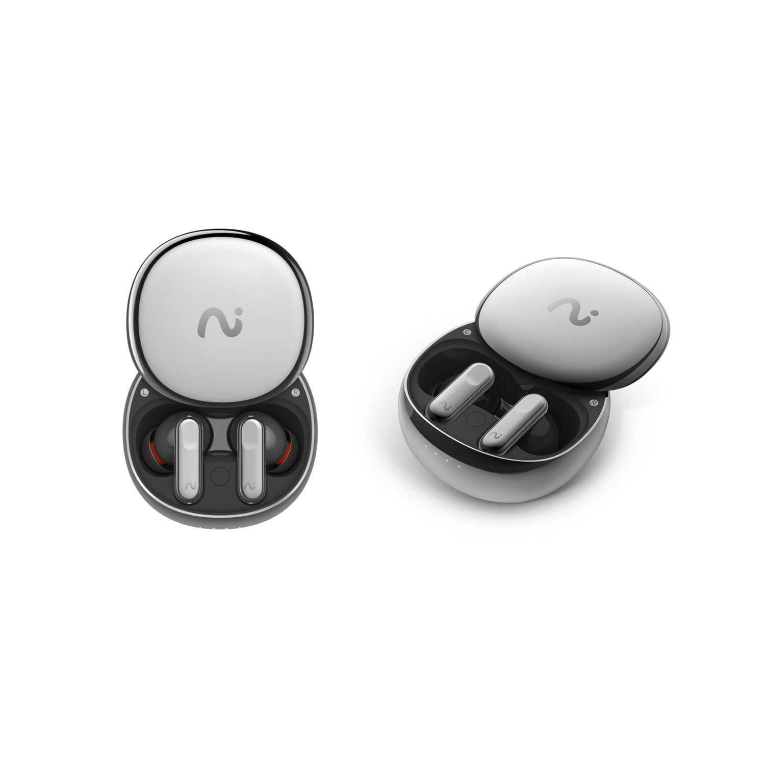 VIAIM Nano+ AI Earbuds in Silver in the cases